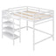 Full Size Loft Bed with Storage Staircase and Clothes Hanger - White