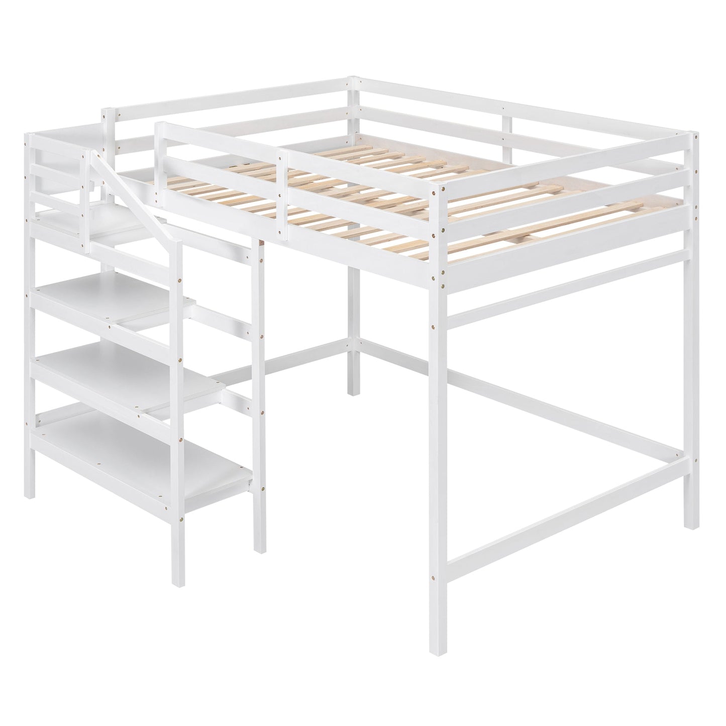 Full Size Loft Bed with Storage Staircase and Clothes Hanger - White