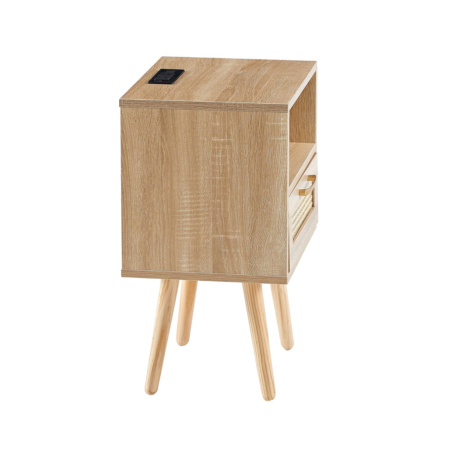 15.75" Rattan End table with Power Outlet & USB Ports  Modern nightstand with drawer and solid wood legs - Korvel
