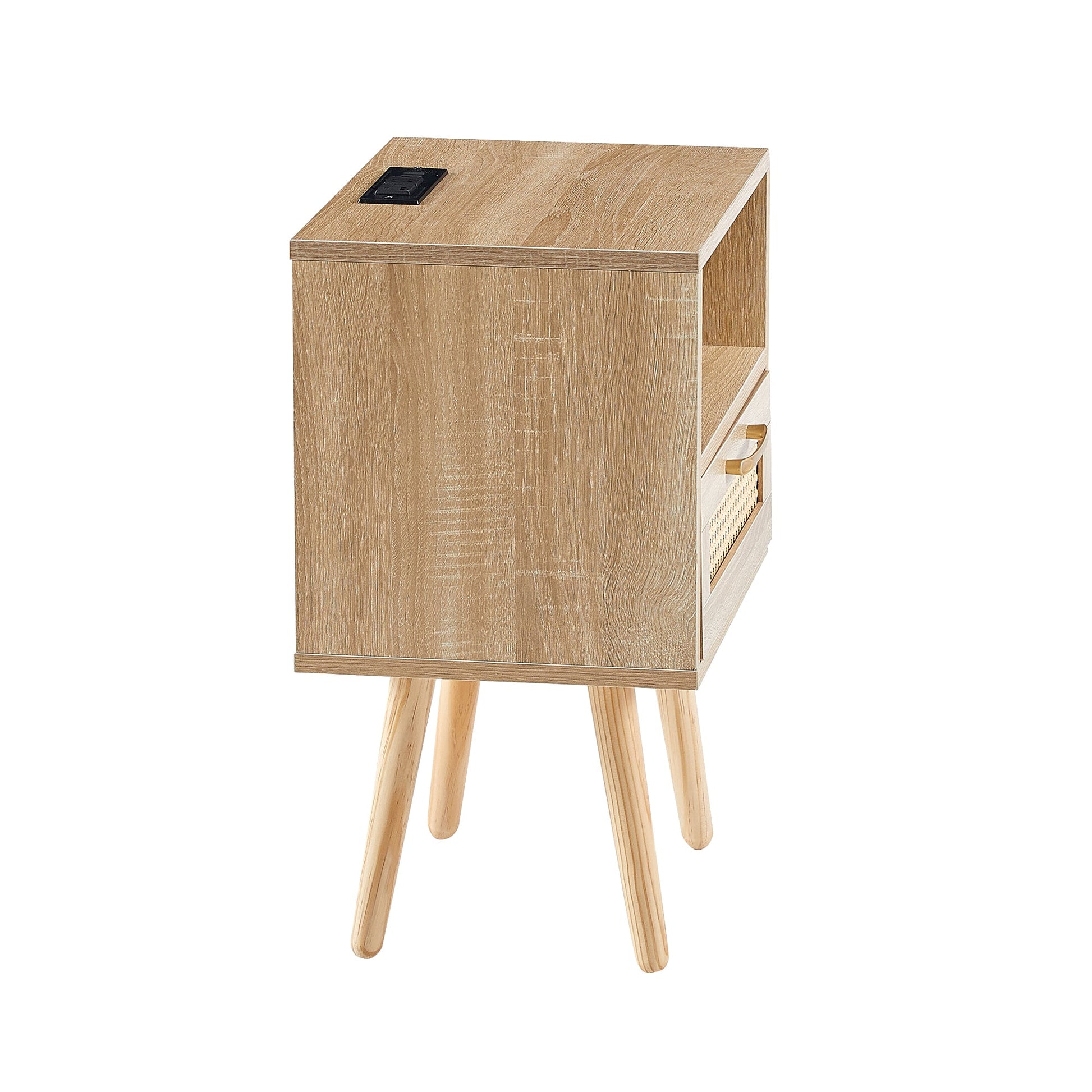 15.75" Rattan End table with Power Outlet & USB Ports  Modern nightstand with drawer and solid wood legs - Korvel
