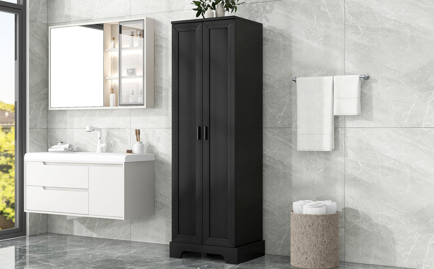 Storage Cabinet with Two Doors for Bathroom, Office, Adjustable Shelf, MDF Board, Black - Korvel
