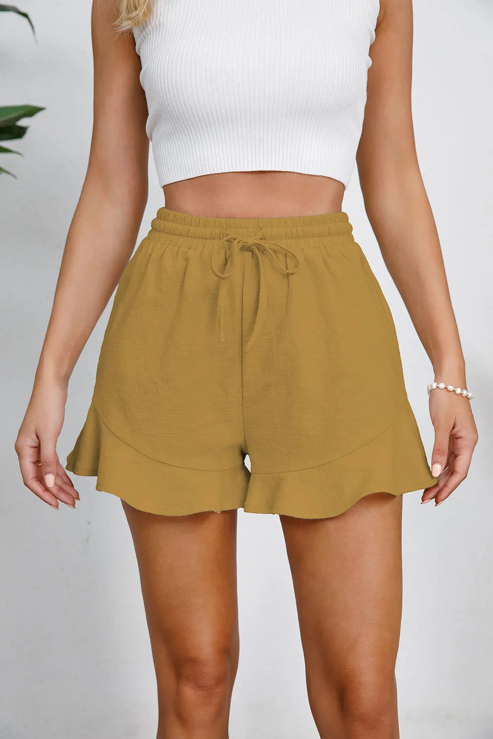 Women's cotton and linen shorts with ruffled edges and drawstring casual pants for women - Korvel