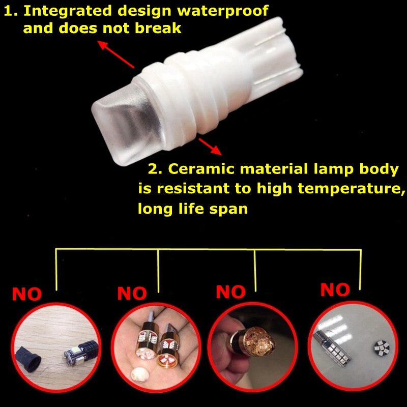 10Pcs T10 W5W Ceramic 3D LED Waterproof Wedge Licence Plate Lights WY5W Turn Side Lamp Car Reading Dome Light Auto Parking Bulb - Korvel