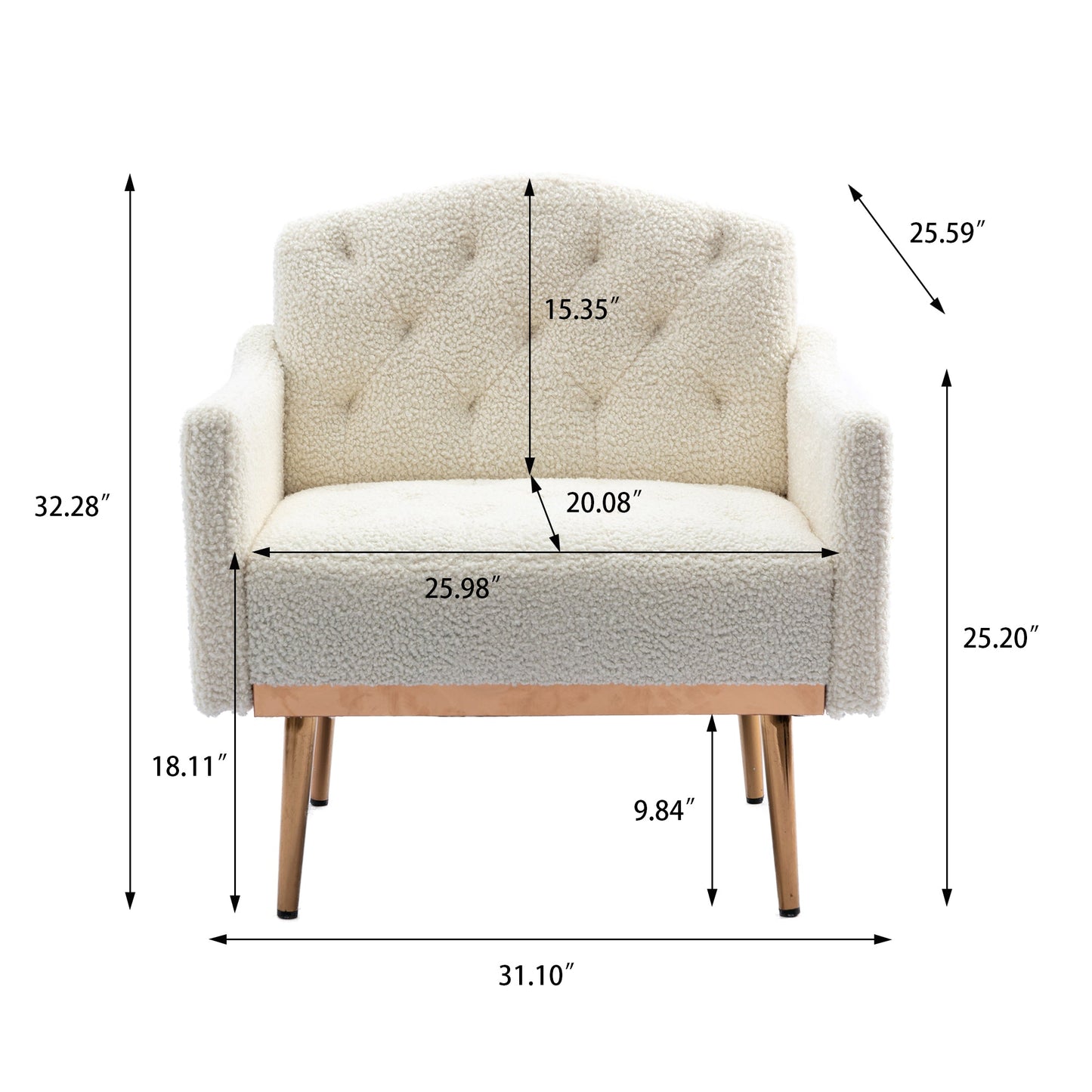 COOLMORE modern style armchair, plush decorative fabric armchair with golden metal legs (white teddy bear) - Korvel