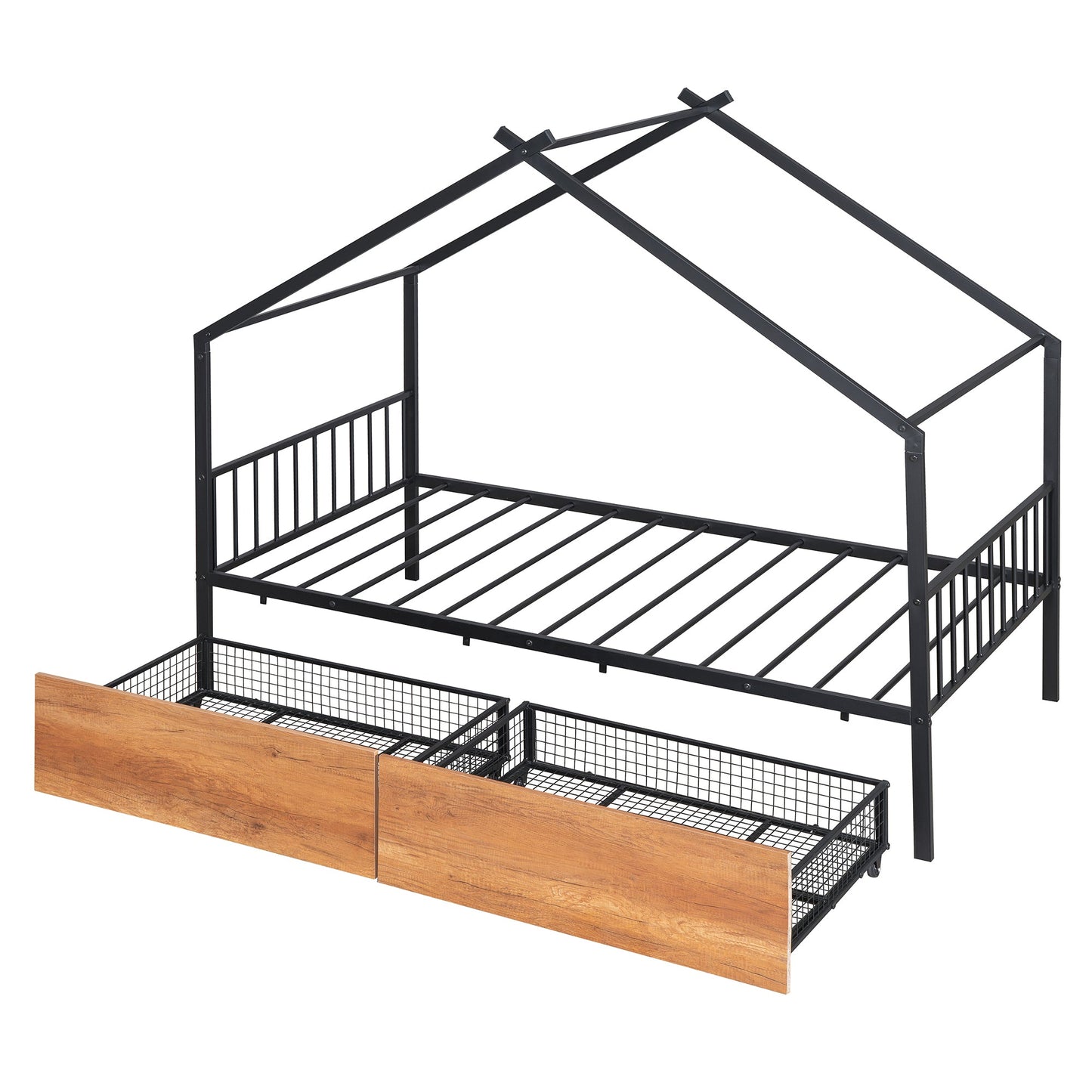 Twin Size Metal House Bed with Two Drawers - Black