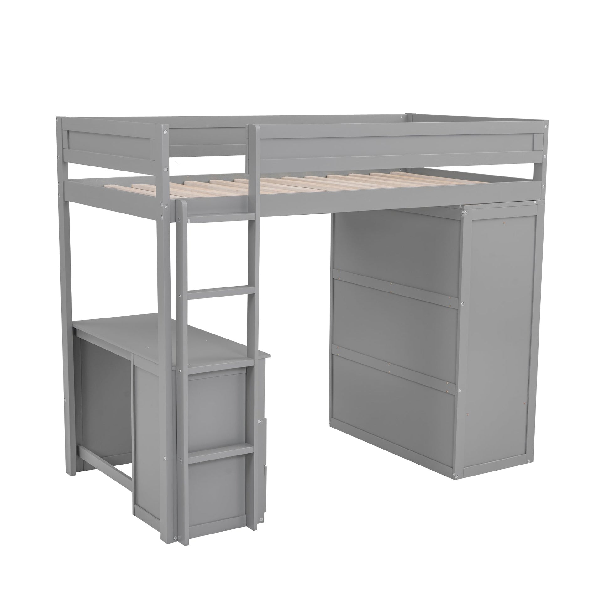 Wood Twin Size Loft Bed with Wardrobes and 2-Drawer Desk with Cabinet Gray - Korvel