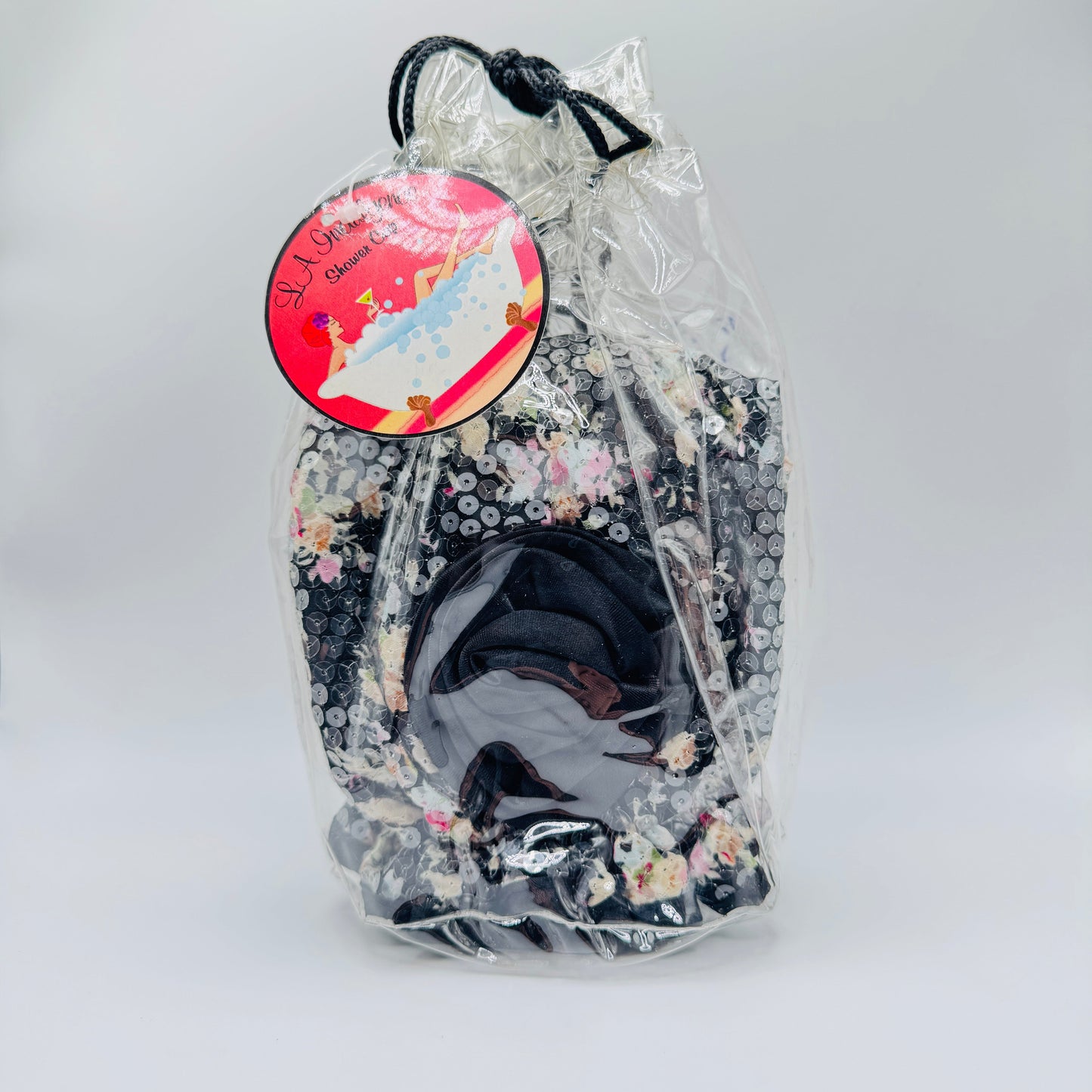 Gorro de Ducha Reutilizable LA Indulgence - Negro con Diseño Floral