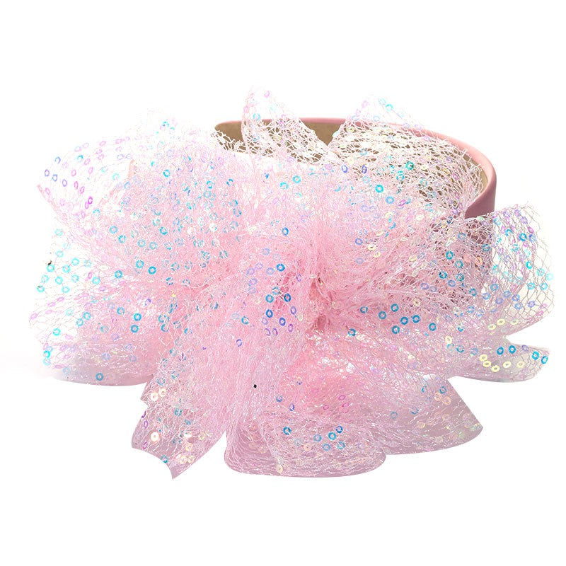 Solid color sequin flower wide edge girl style mesh headband - Korvel