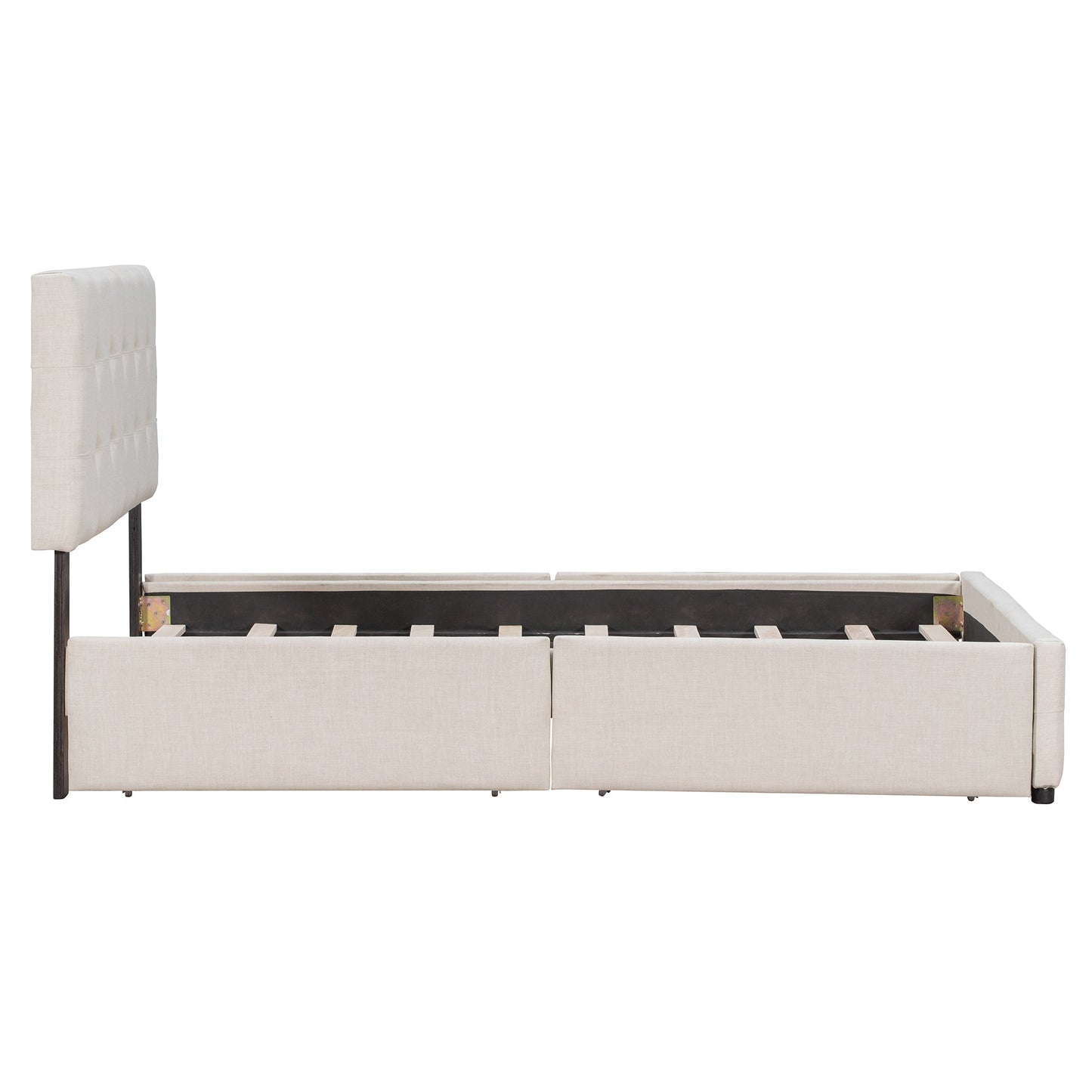 Upholstered Platform Bed with Classic Headboard and 4 Drawers No Box Spring Needed Linen Fabric Queen Size Beige - Korvel