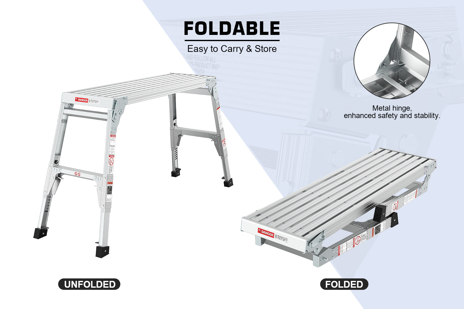 Aluminum Work Platform Large Size Step Stool Folding Portable Work Bench 40" Width Telescopic Feet 22" -27.5" Height Adjustable - Korvel
