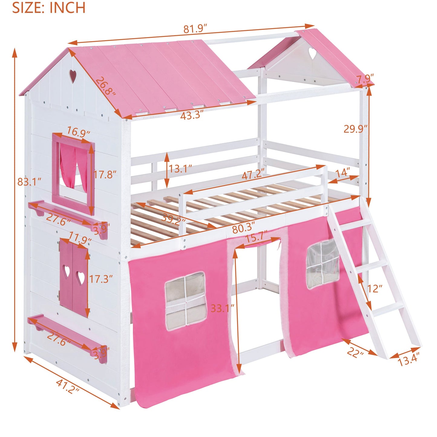 Elegant Twin Size Bunk Wood House Bed in Pink and White