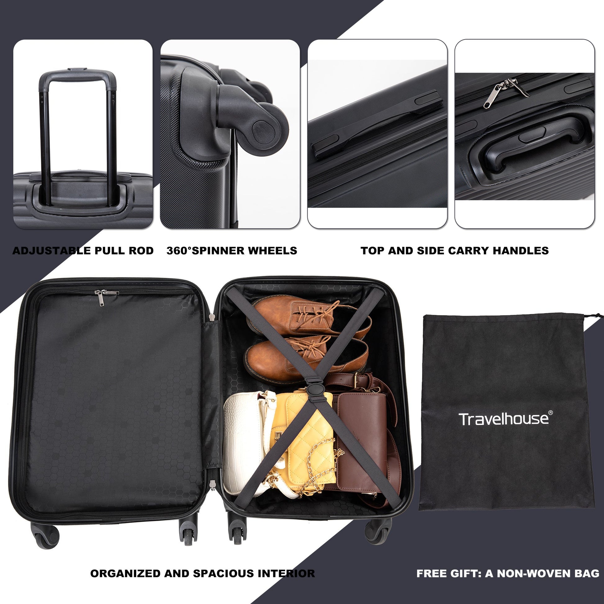 20" Carry on Luggage Lightweight Suitcase, Spinner Wheels, Black - Korvel