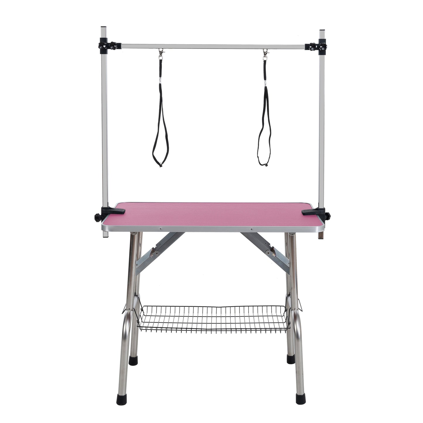 36 inch folding pet grooming table with stainless steel frame and rubber pad, equipped with adjustable armrests and clips (pink) - Korvel