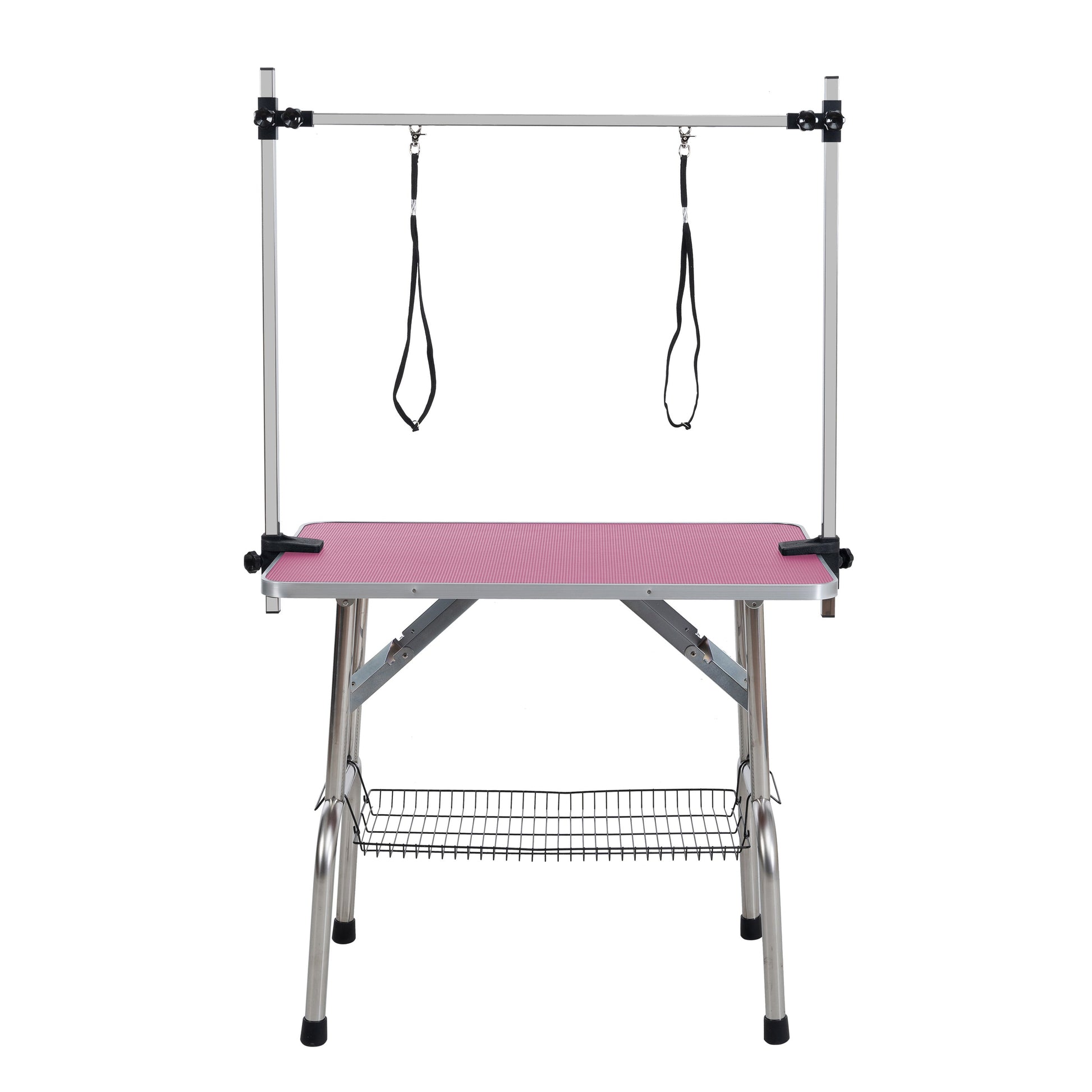 36 inch folding pet grooming table with stainless steel frame and rubber pad, equipped with adjustable armrests and clips (pink) - Korvel