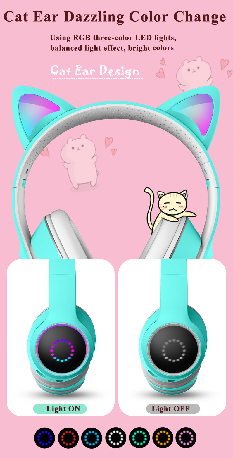 AKZ-K26 Head Mounted Bluetooth Cat Ears Luminous Cute Cool Card Wireless Sports Stereo Headset - Korvel