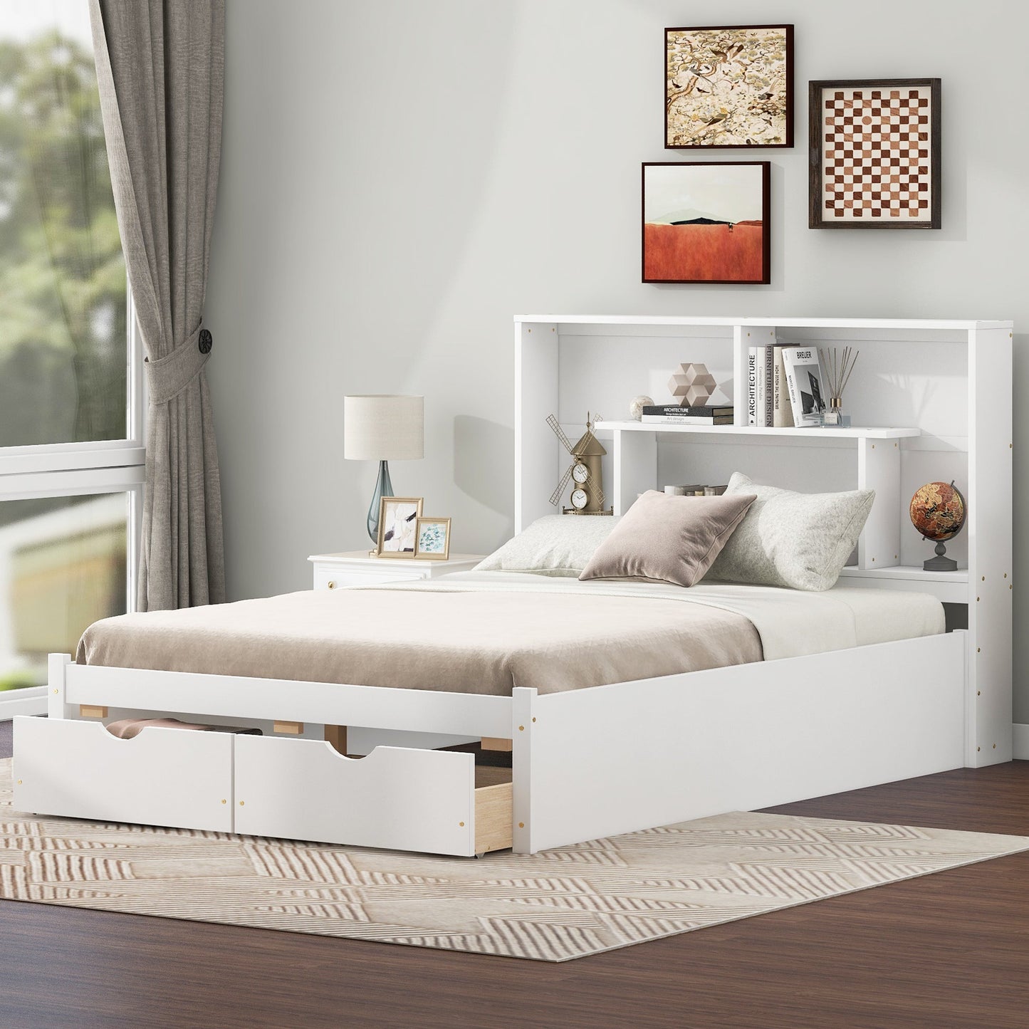 Full Size Platform Bed with Storage Headboard and 2 Drawers, White - Korvel
