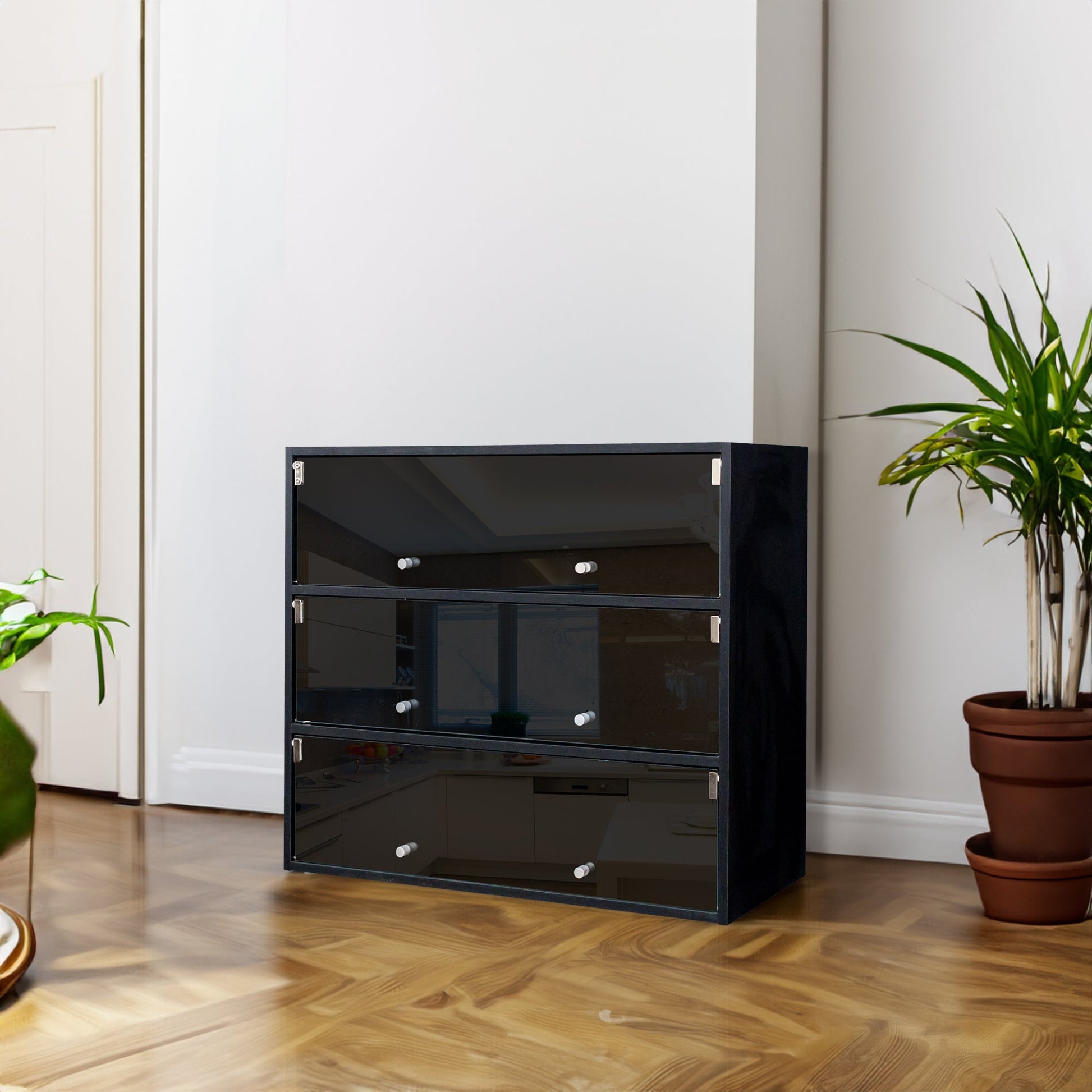 Black Glass Door Shoe Box Shoe Storage Cabinet With RGB Led Light - Korvel