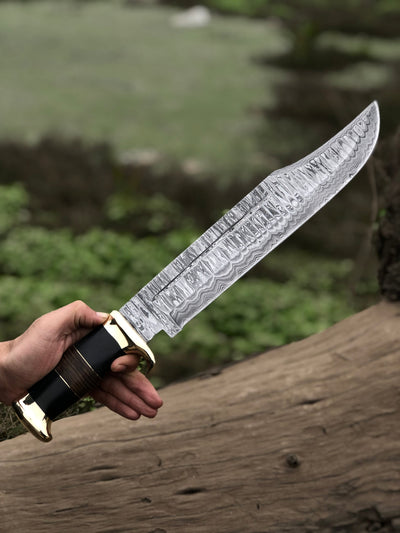 Legendary Crocodile Dundee Knife – 16” Handcrafted Damascus Steel Blade with Buffalo Horn or Leather Grip & Brass Guard + Leather Sheath - Korvel