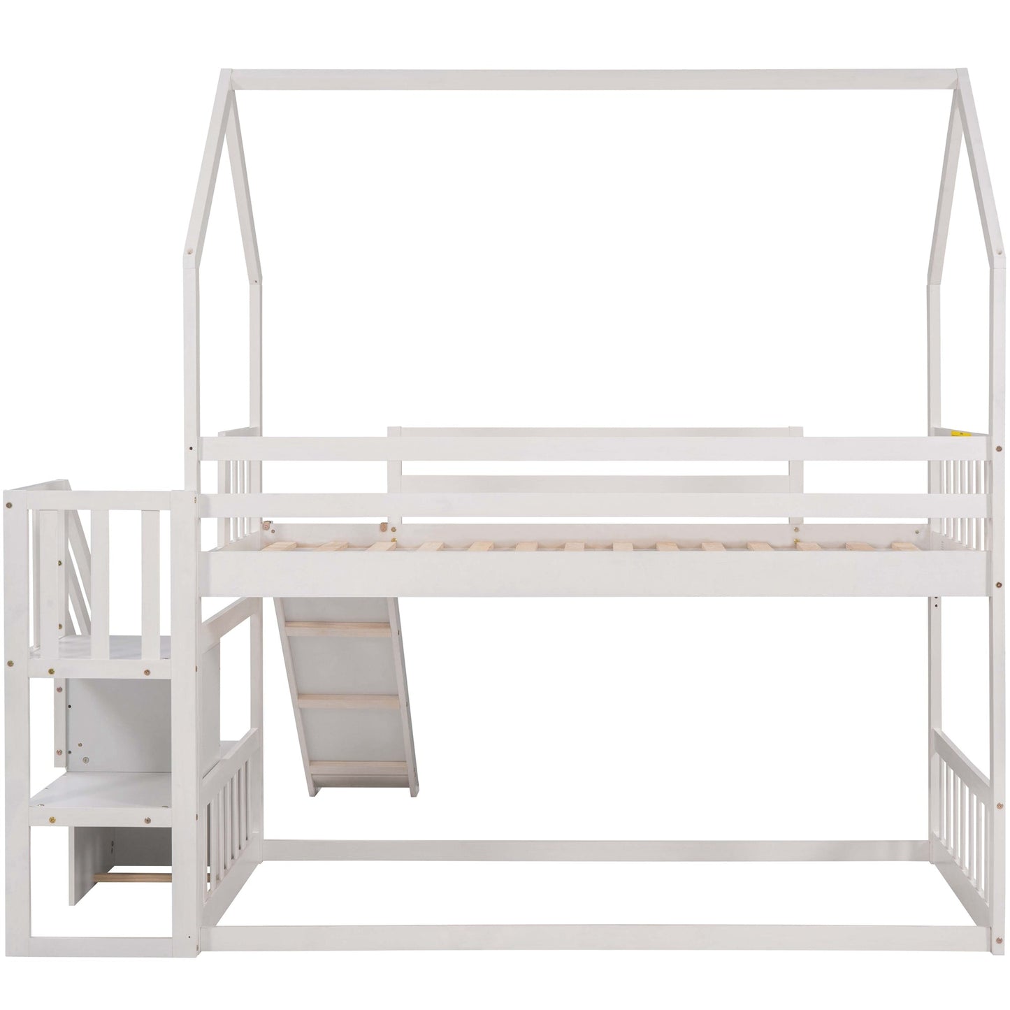 Twin over Twin House Bunk Bed with Convertible Slide,Storage Staircase,White - Korvel