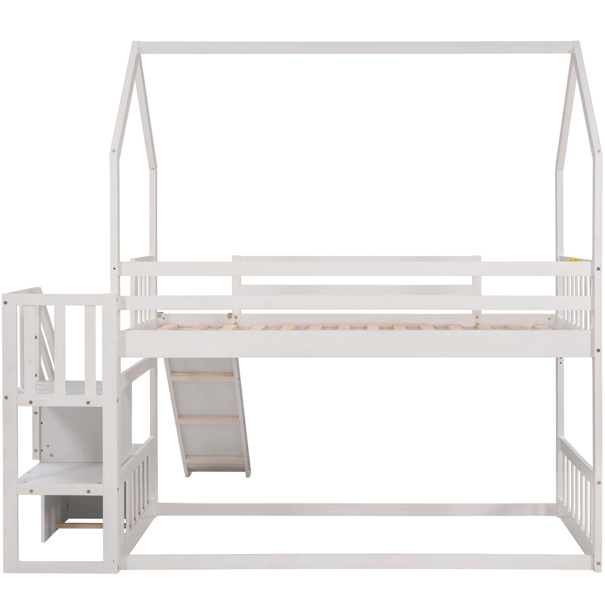 Twin over Twin House Bunk Bed with Convertible Slide,Storage Staircase,White - Korvel