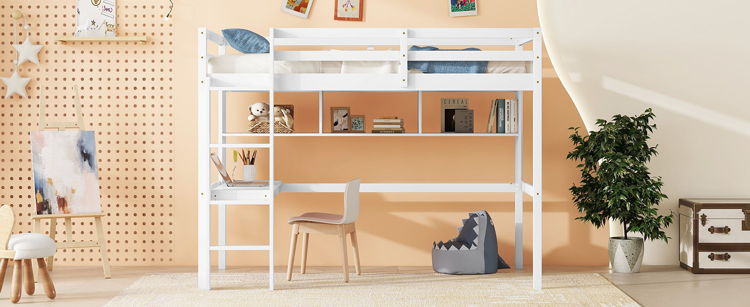 Twin Loft Bed with built-in desk and bookcase of three compartments, Guardrails and Ladder,White - Korvel