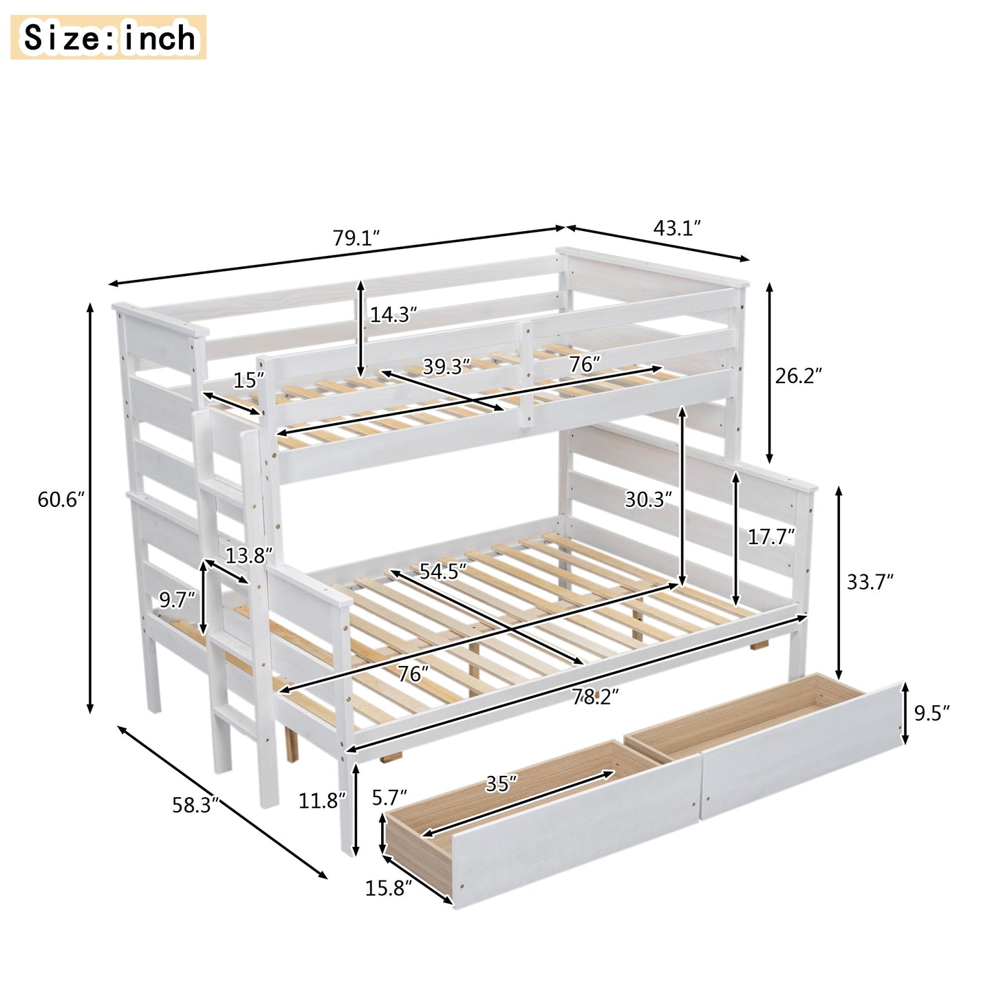 Wood Twin over Full Bunk Bed with 2 Drawers  White - Korvel