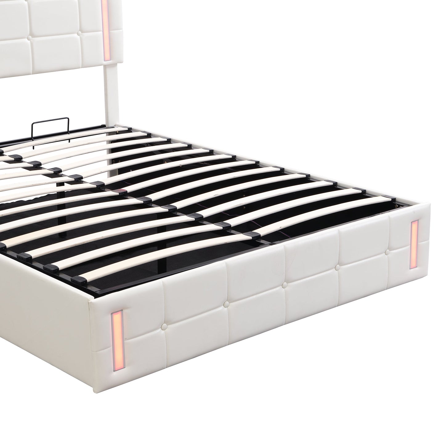 Queen Size Upholstered Bed with LED Lights Hydraulic Storage System and USB Charging Station White - Korvel