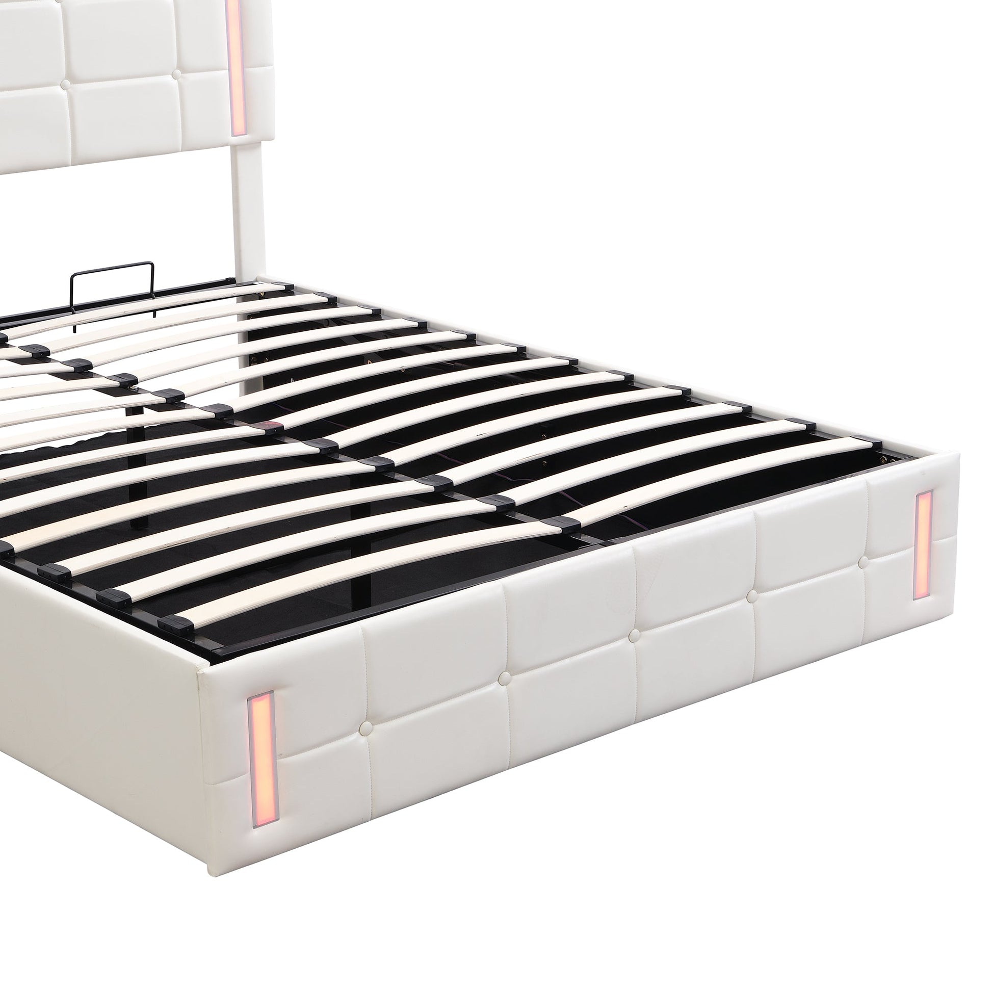 Queen Size Upholstered Bed with LED Lights Hydraulic Storage System and USB Charging Station White - Korvel