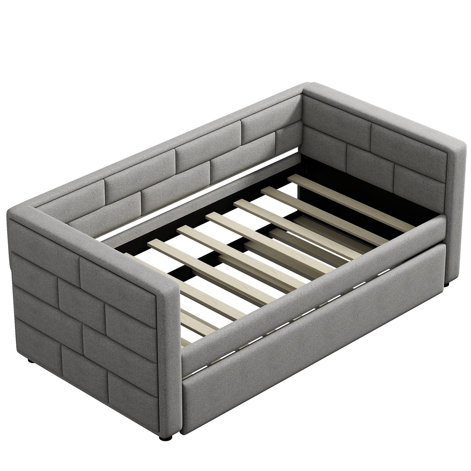 Twin Size Daybed with Trundle  Upholstered Daybed with Padded Back  Gray - Korvel