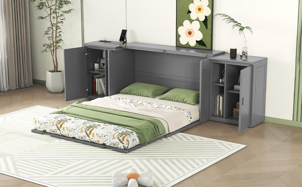 Queen Size Murphy Bed with Shelves, Cabinets and USB Ports,Gray - Korvel