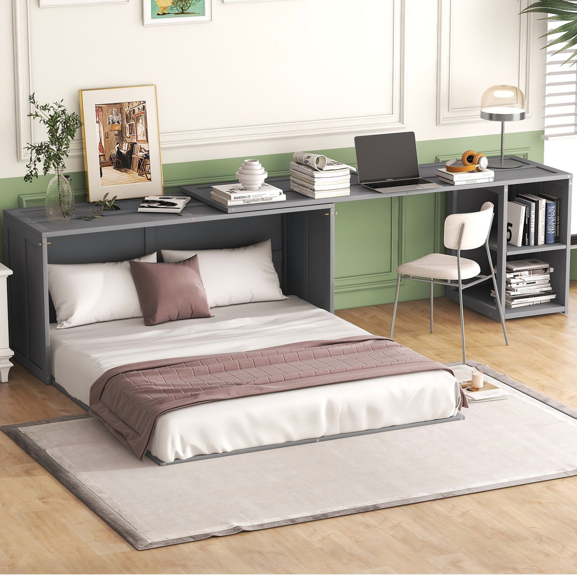 Queen Size Murphy Bed with Rotable Desk  Gray - Korvel
