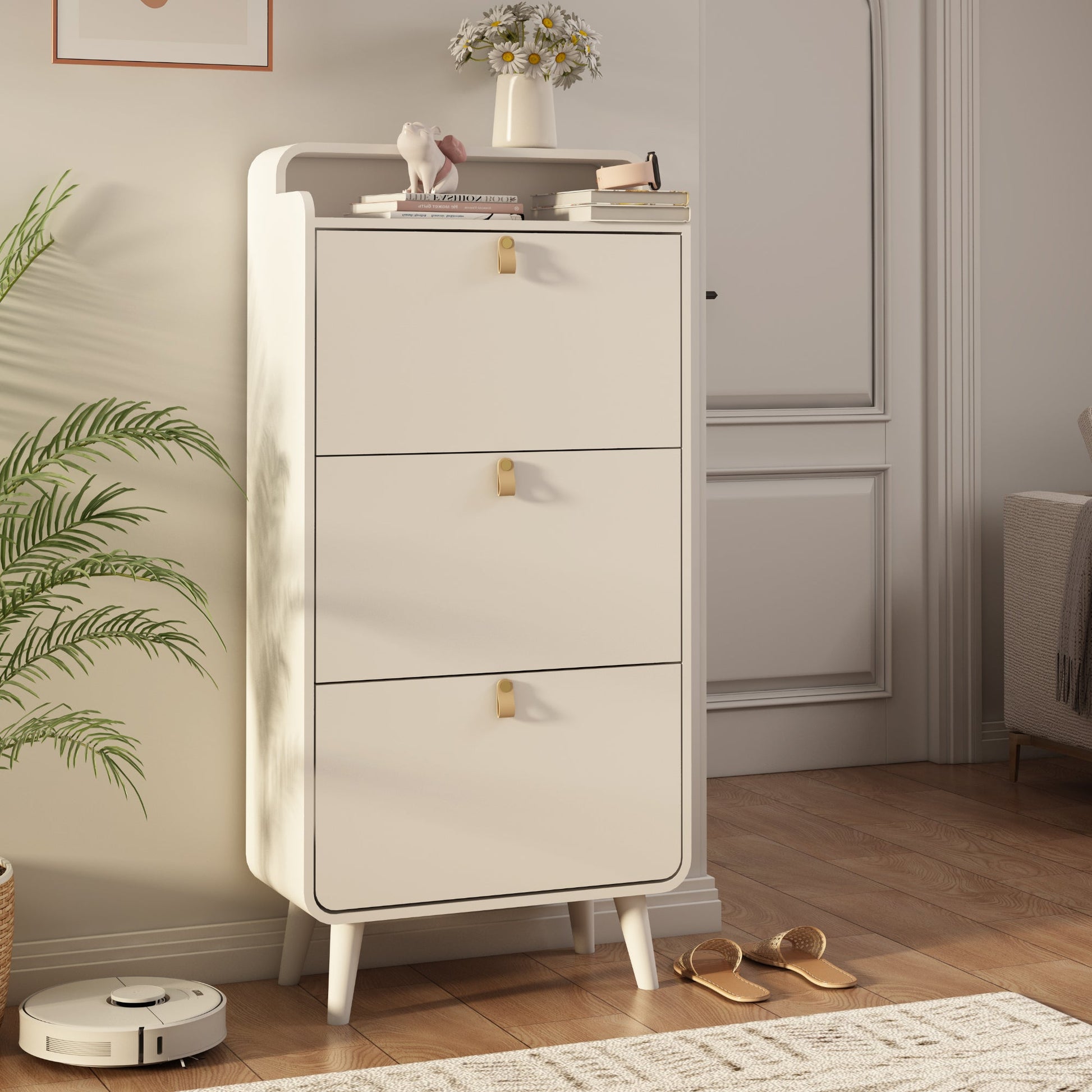 Modern Arc Design Shoe Cabinet With 3 Drawers,Shoe Storage Cabinet for Entryway,Outdoor,White Finish - Korvel