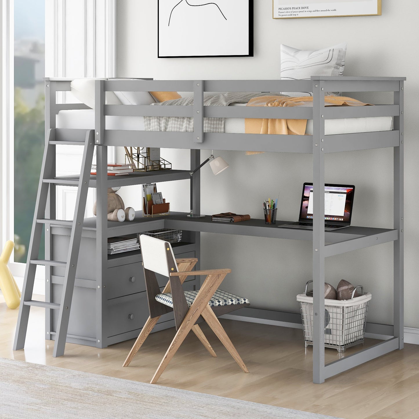 Twin Size Loft Bed with Desk and Shelves, Two Built-in Drawers, Gray - Korvel