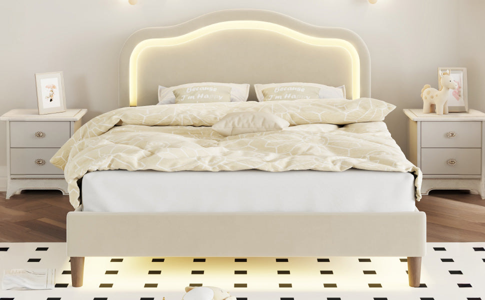 Full Size Velvet Upholstered Smart LED Bed Frame with Adjustable Height Headboard,No Box Spring Needed,Easy Assembly,Beige - Korvel