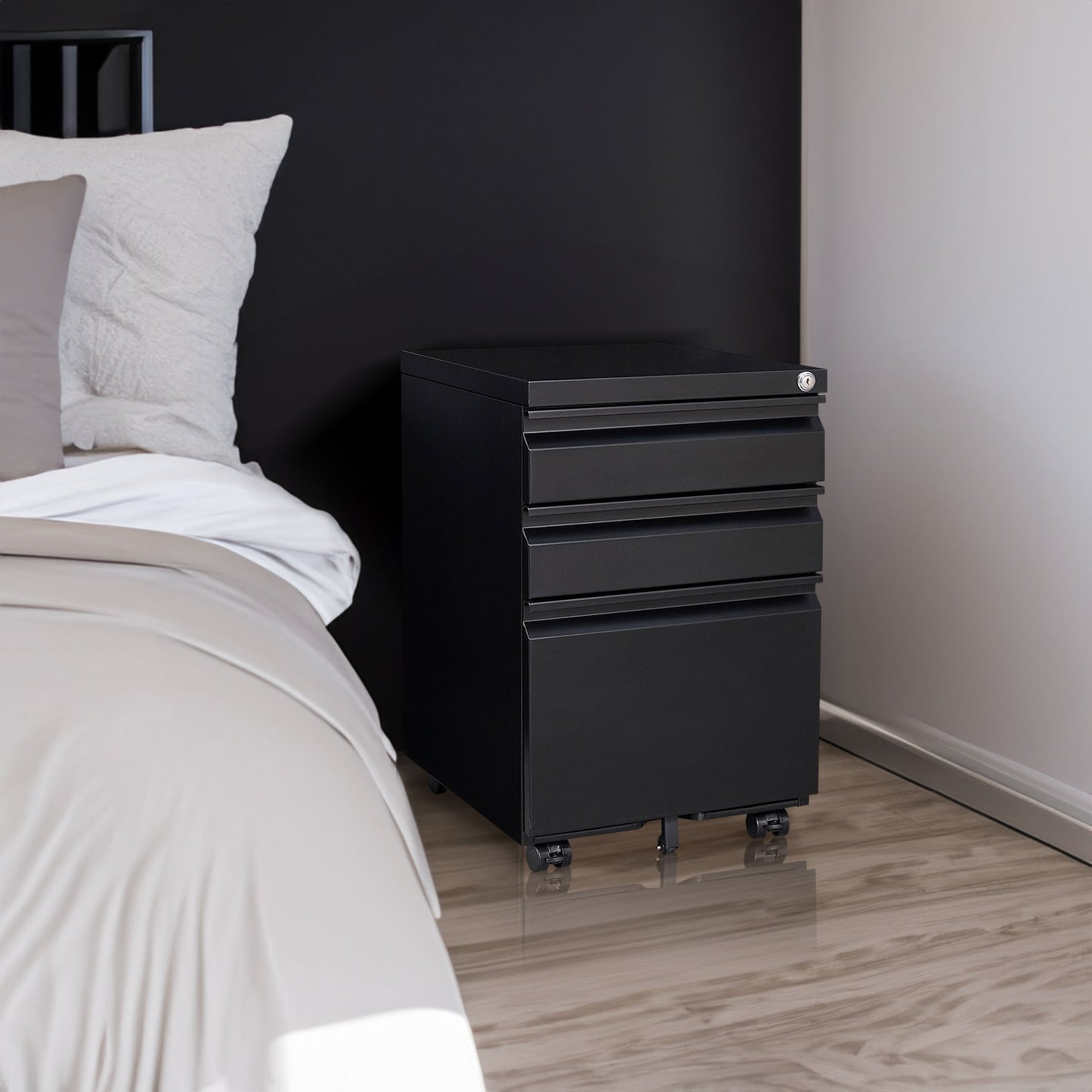 Locked three drawer storage mobile metal filing cabinet with pre installed wheels under the desk filing cabinet - Korvel