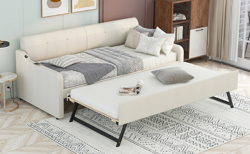 Twin Size Upholstery Daybed with Trundle and USB Charging Design Trundle can be flat or erected Beige - Korvel