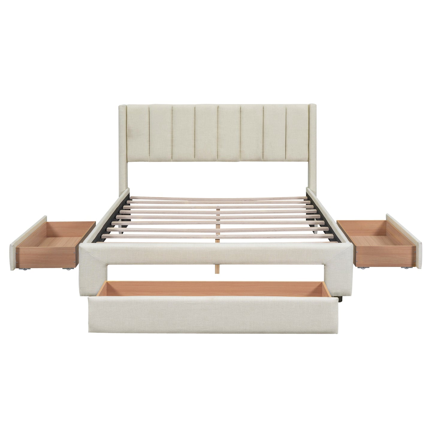 Full Size Upholstered Platform Bed with One Large Drawer in the Footboard and Drawer on Each Side Beige - Korvel