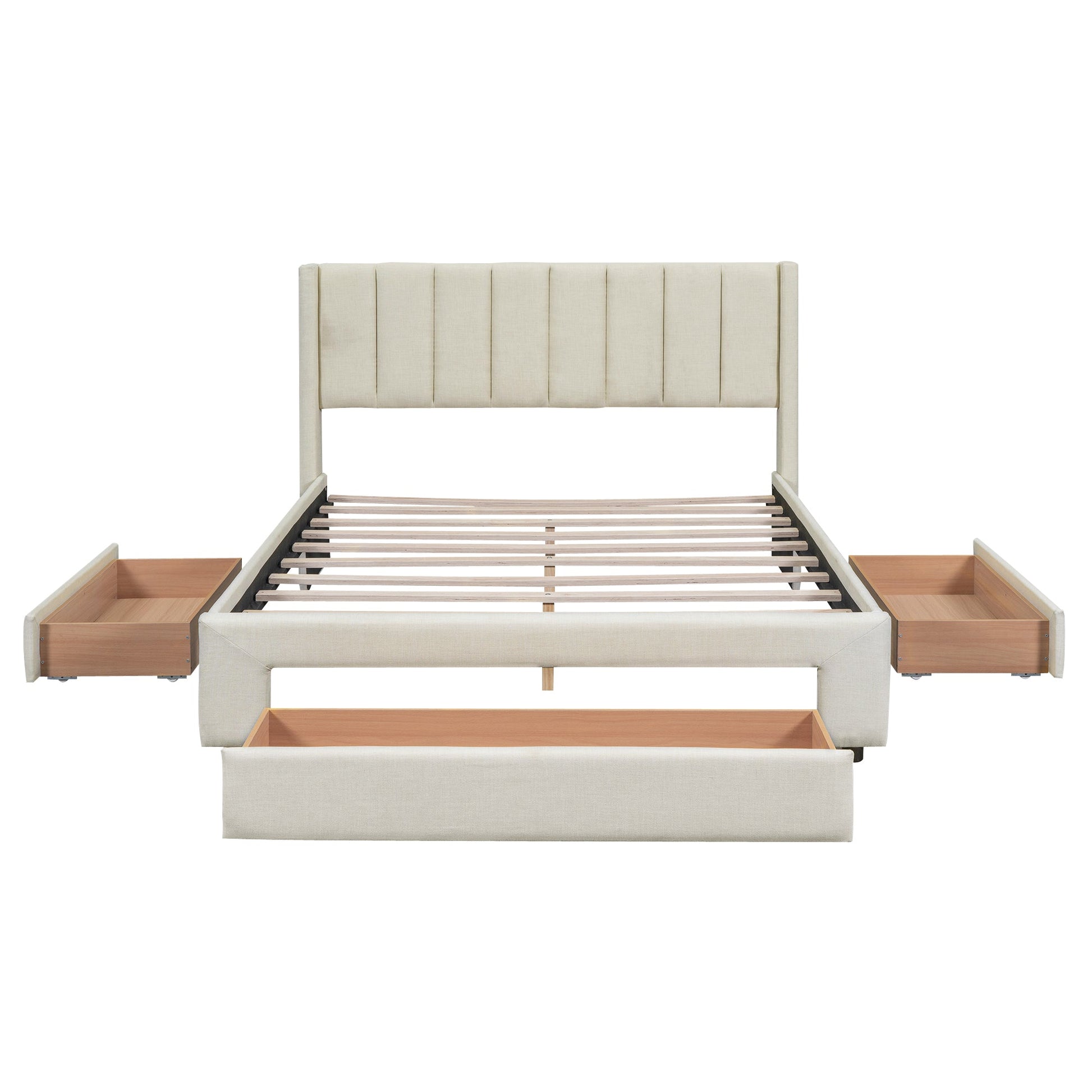 Full Size Upholstered Platform Bed with One Large Drawer in the Footboard and Drawer on Each Side Beige - Korvel