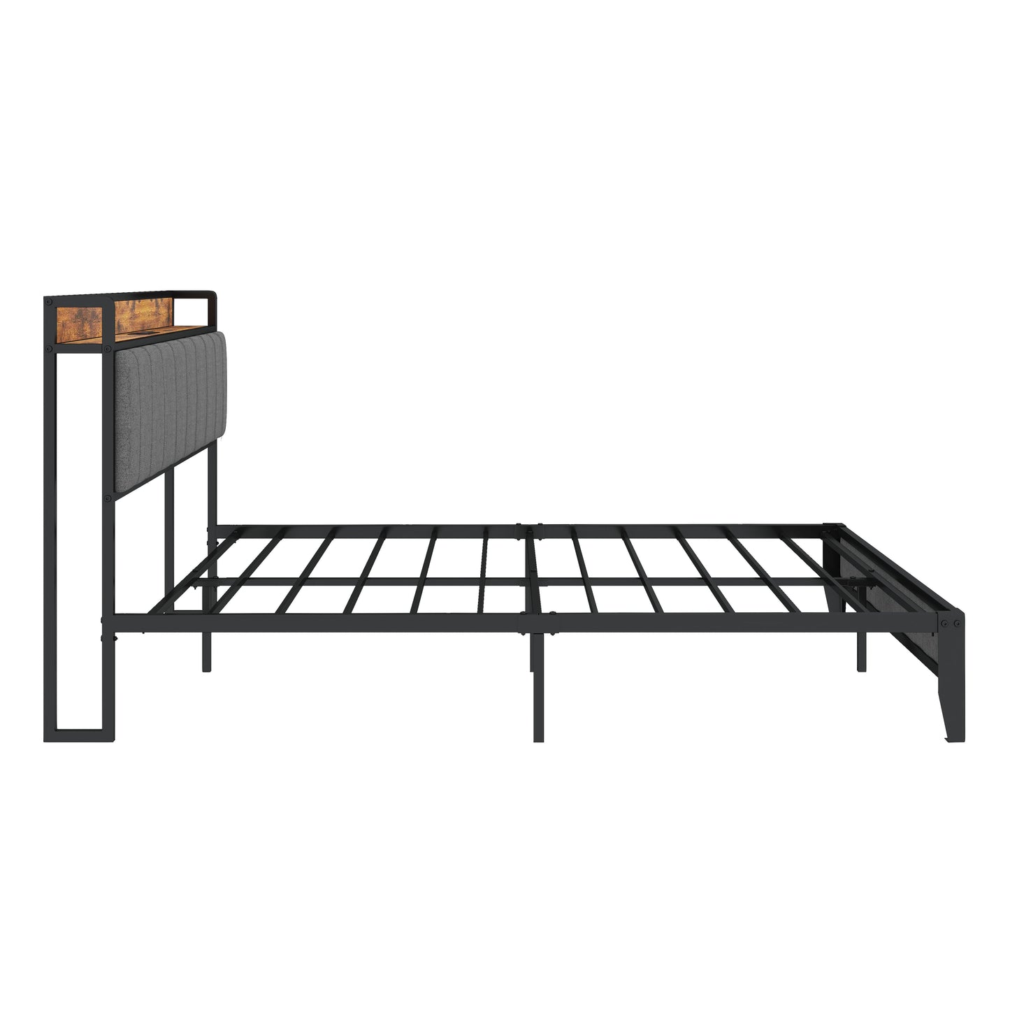 Full Size Bed Frame with Charging Station, Upholstered Headboard, Metal Platform, Grey - Korvel