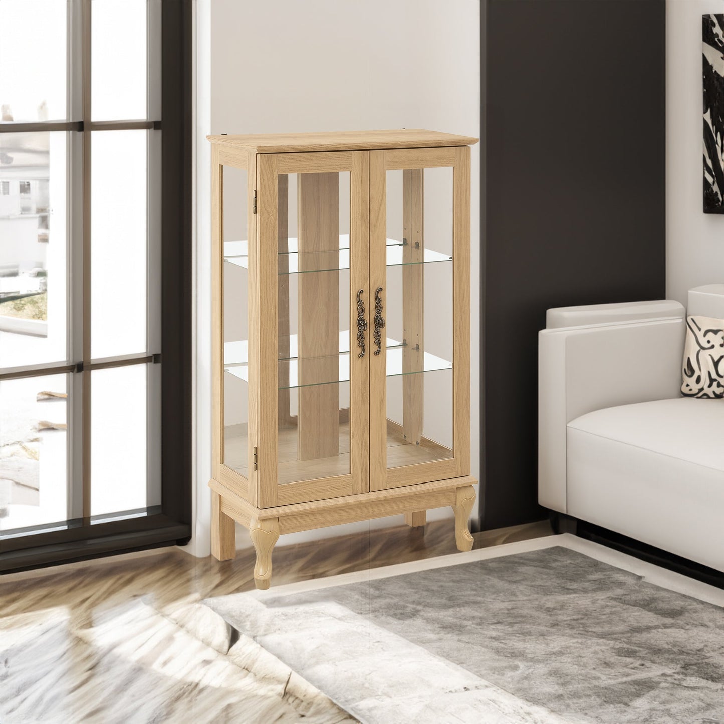 Dual door Curio cabinet with tempered glass doors, mirrored back panel and adjustable shelves, home lighting display cabinet Oak - Korvel