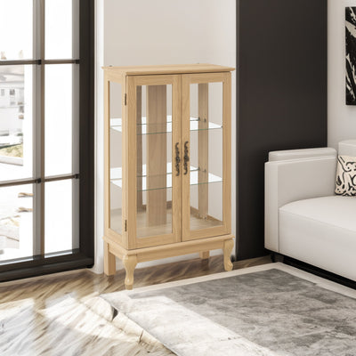 Dual door Curio cabinet with tempered glass doors, mirrored back panel and adjustable shelves, home lighting display cabinet Oak - Korvel