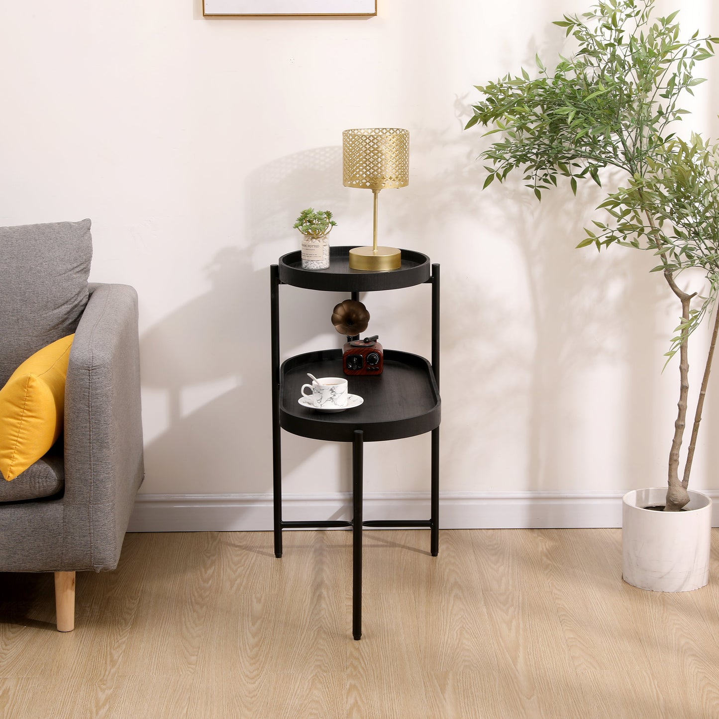 2-Tier Black Side Table with Storage Sofa Table for Living Room Metal Frame & Wooden Desk End Table - Korvel