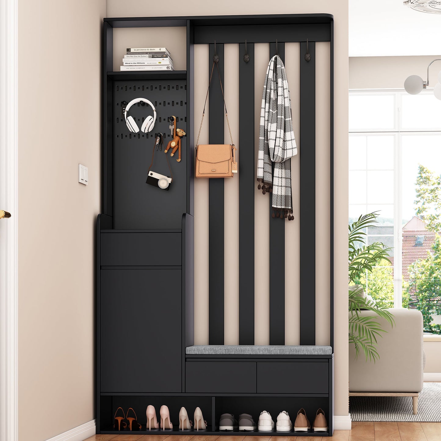 39.3'W70.8'H multifunctional corridor shoe cabinet with soft padded nail board and black hanger with entrance hook - Korvel