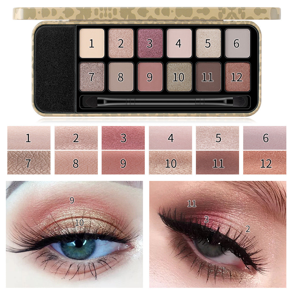 Romantic Beauty 12 Colors Leopard Eyeshadow Makeup Pearl Matte Finishing Eyeshadow Palette Brush - Korvel