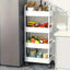 White rolling storage cart. Multifunctional, open shelves for books, ideal for kitchen & bedroom storage - Korvel