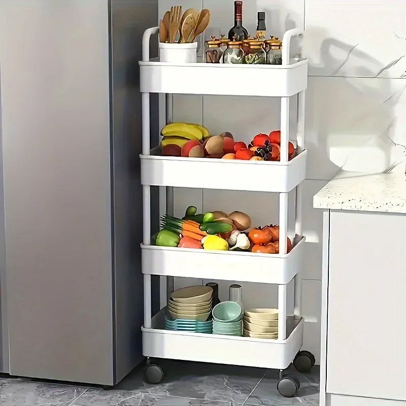 White rolling storage cart. Multifunctional, open shelves for books, ideal for kitchen & bedroom storage - Korvel