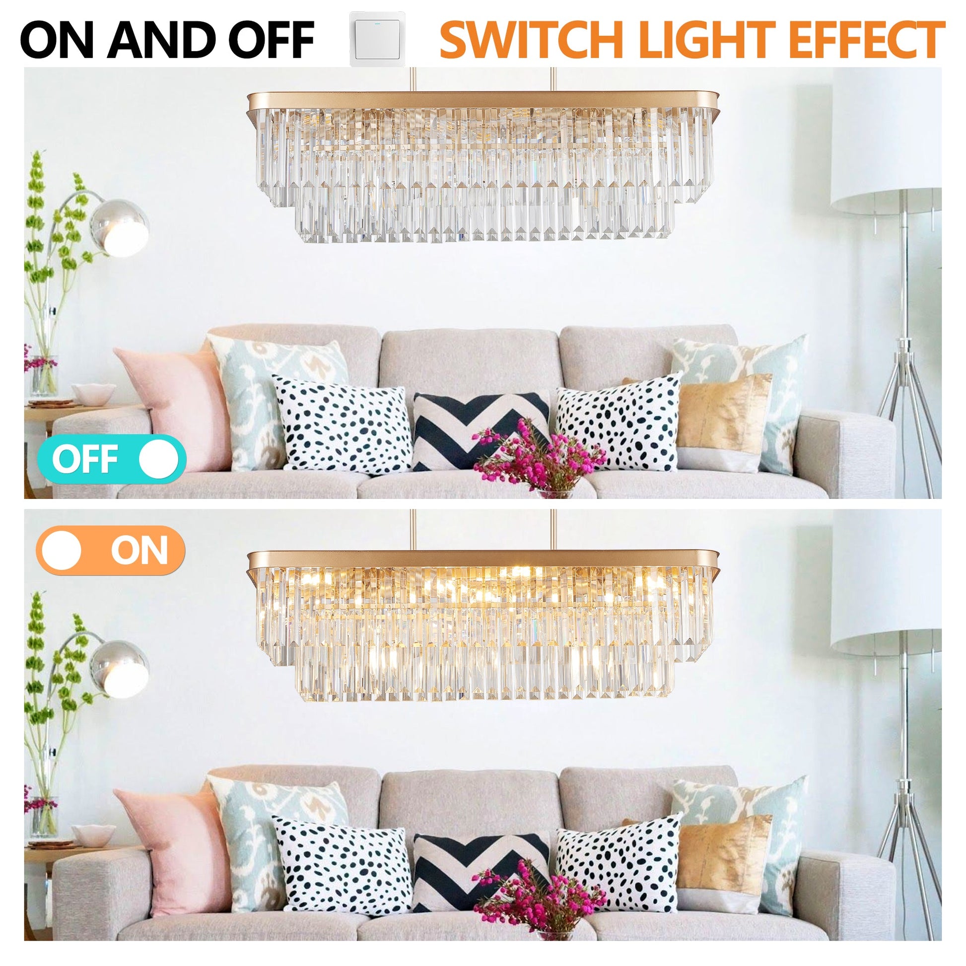 Chandeliers,Rectangular Crystal Chandelier Adjustable,E12 Modern Industrial Crystal Lights (Bulb Not Included) - Korvel