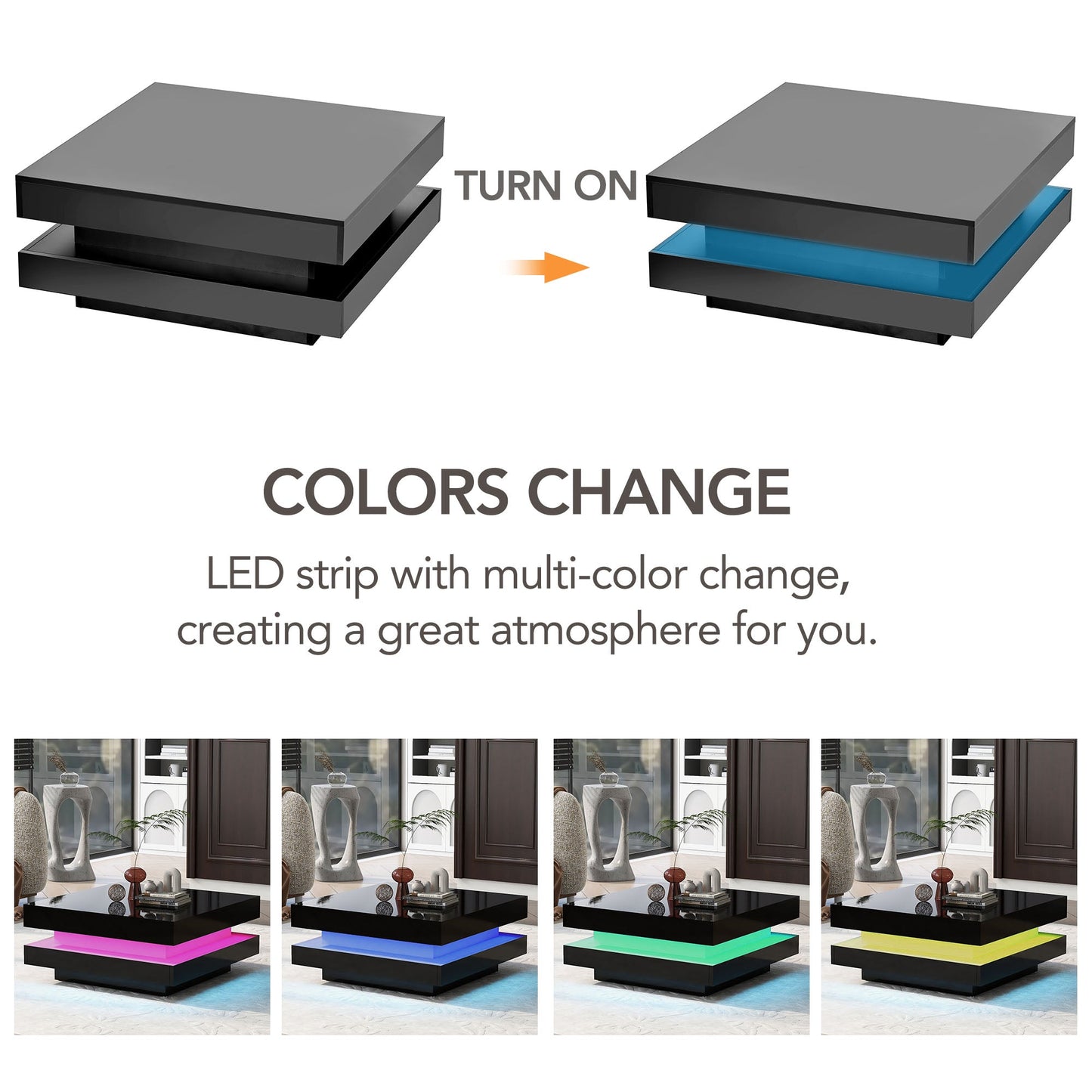ON-TREND High Gloss Minimalist Design with LED Lights 2-Tier Square Coffee Table Black - Korvel