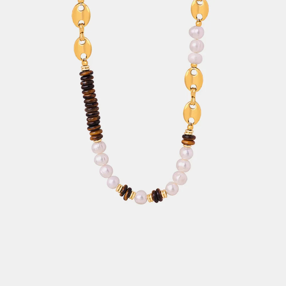 Versatile Light Luxury Titanium Steel Freshwater Pearl Tiger Eye Stone Pig Nose Chain Necklace Jewelry for Women - Korvel