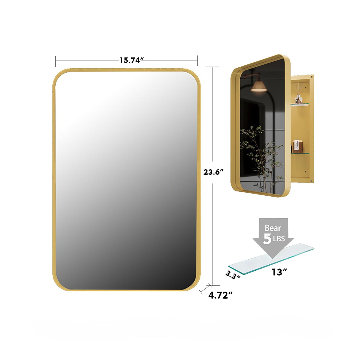 16x24 inch embedded metal frame medicine cabinet with mirror storage cabinet and adjustable shelf matte gold - Korvel